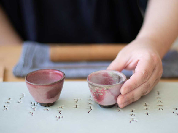 A Pair of Blush Cups. Wood-fired. Shino and Cobalt.