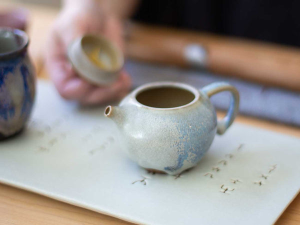 Drip. Shino and Cobalt glazed wood-fired teapot.