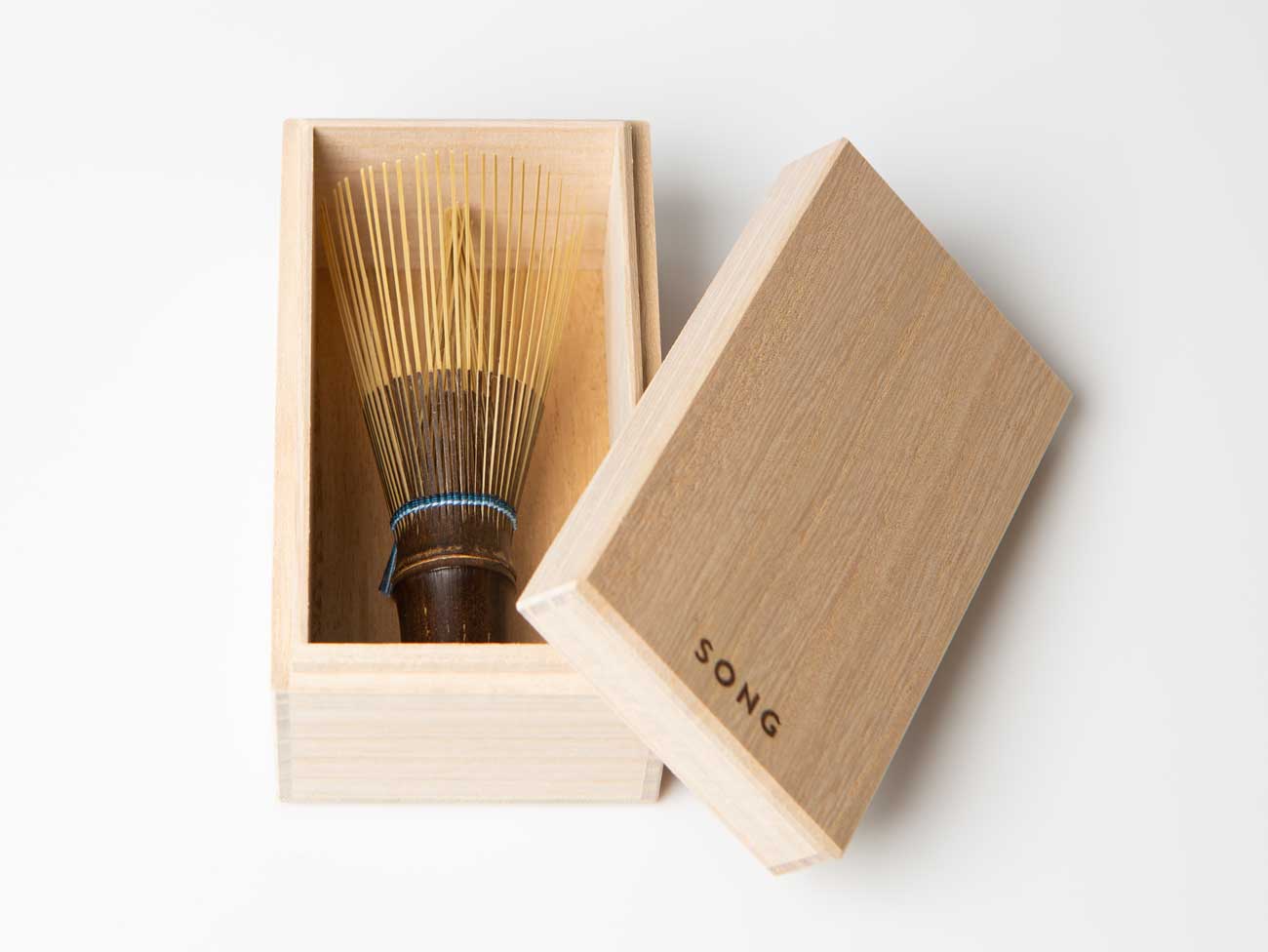 Blue stringed Matcha Whisk in giftbox.